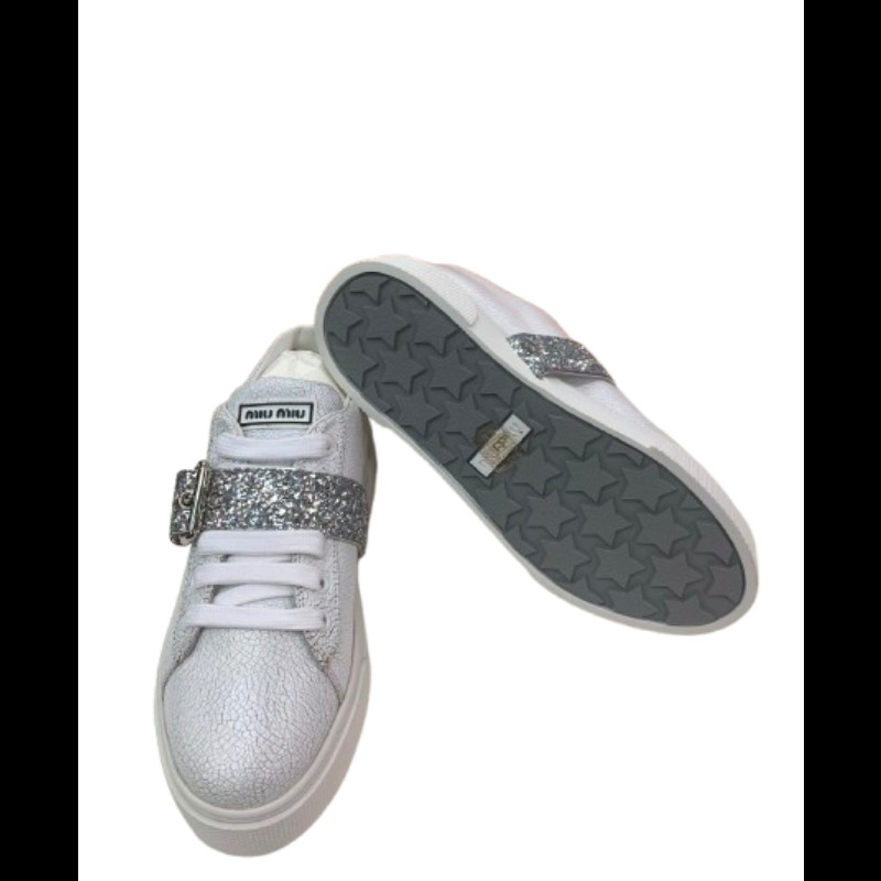 Miu Miu 白色裂紋皮革球鞋 配銀色閃亮飾帶 36碼-4