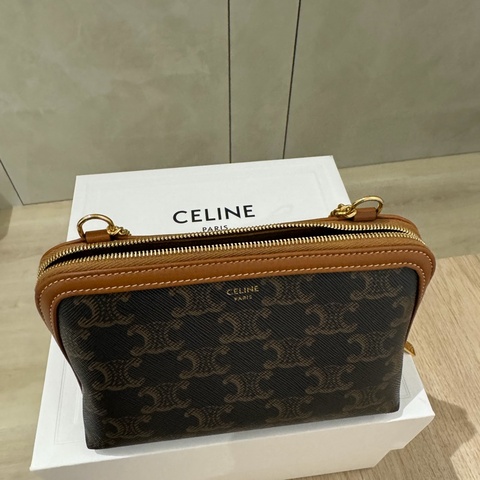 Celine老花 咖啡色 凱旋門金色鏈條包