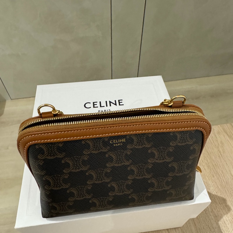 Celine老花 咖啡色 凱旋門金色鏈條包-0