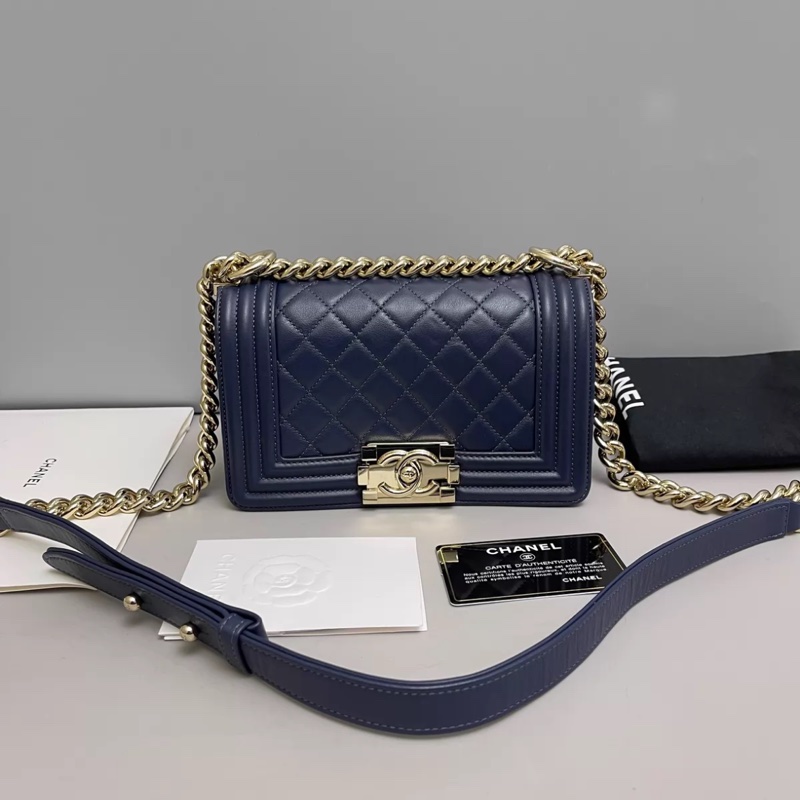 Chanel香奈兒leboy小號牛皮菱格藍金包-0