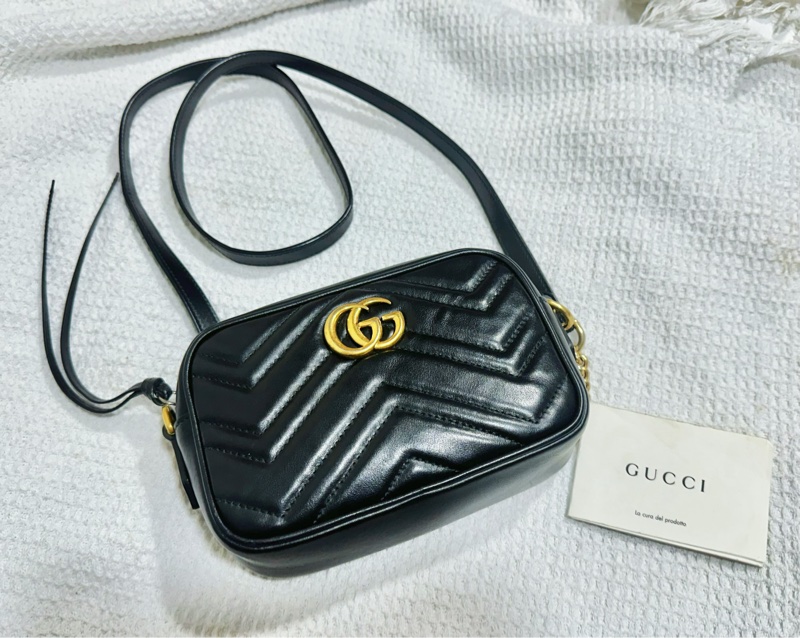 Gucci古馳黑牛皮金釦雙G馬夢迷你相機包（經典款❤️）-15