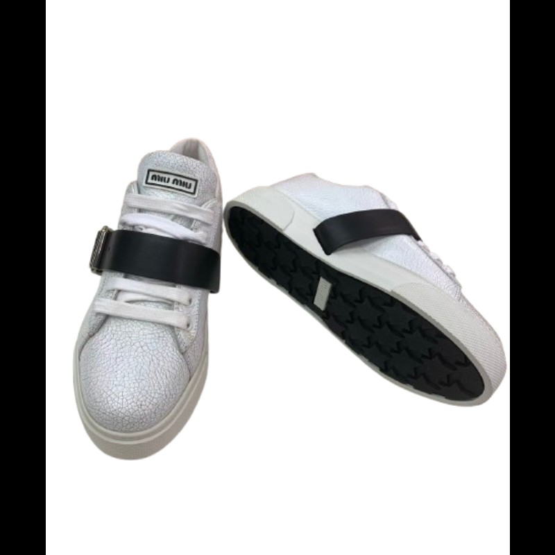 Miu Miu 白色裂紋皮革球鞋 配黑飾帶 38碼-2