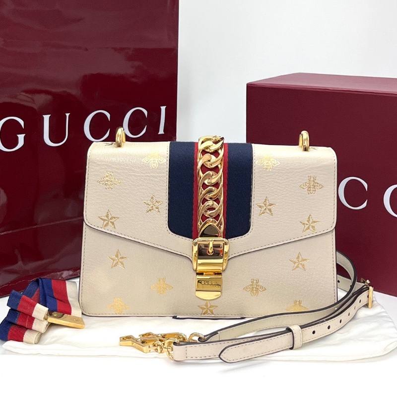 GUCCI 白金燙金小蜜蜂星星肩背斜背包26*17*8 98新配件盒子塵袋-1