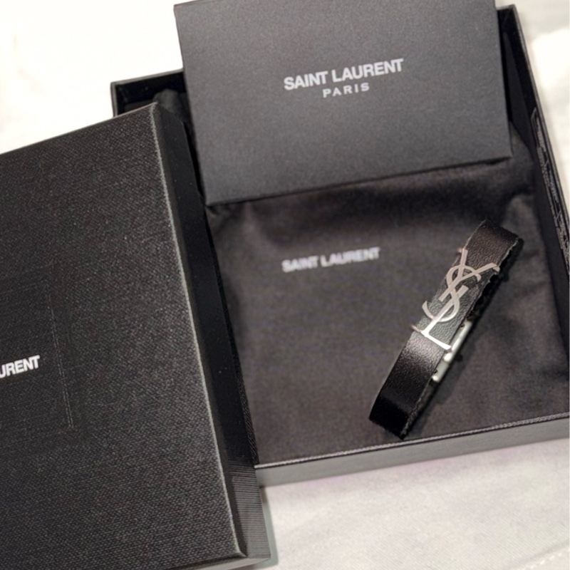 全新僅試戴 YSL CASSANDRE經典黑銀皮革手環 尺寸L-1