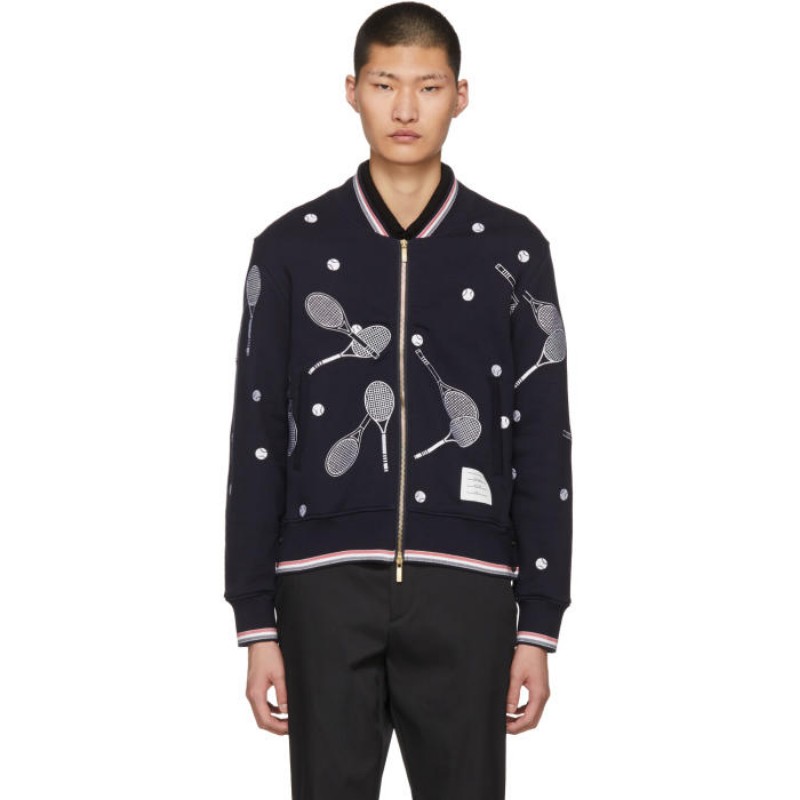 Thom Browne 海軍藍網球拍刺繡拉鍊飛行員外套 2碼-4