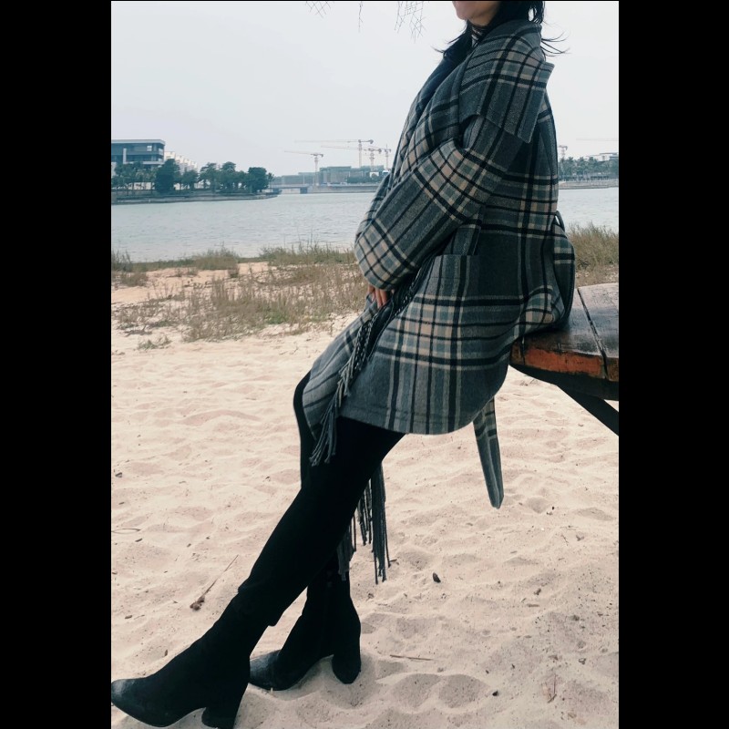 Chloe 法國製 93% 初剪羊毛流蘇格紋大衣 披風 外套-1