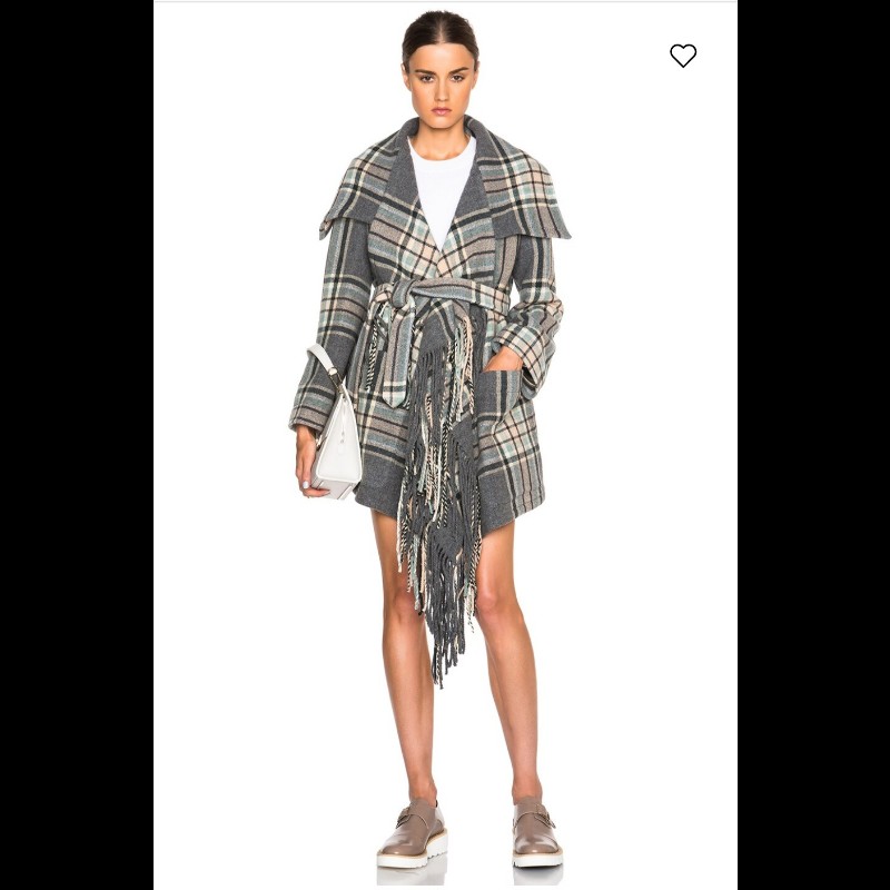 Chloe 法國製 93% 初剪羊毛流蘇格紋大衣 披風 外套-5