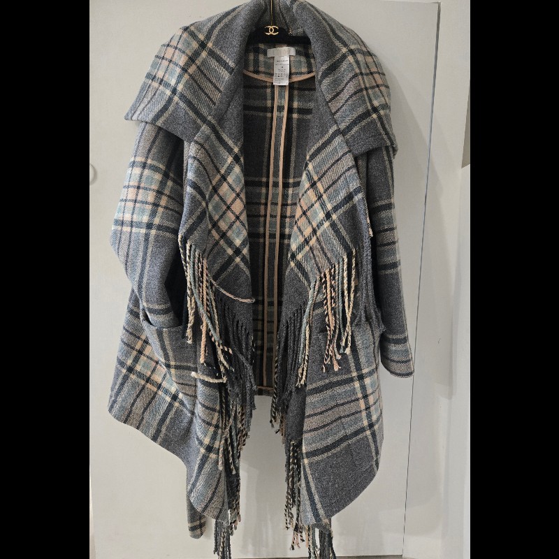 Chloe 法國製 93% 初剪羊毛流蘇格紋大衣 披風 外套-6