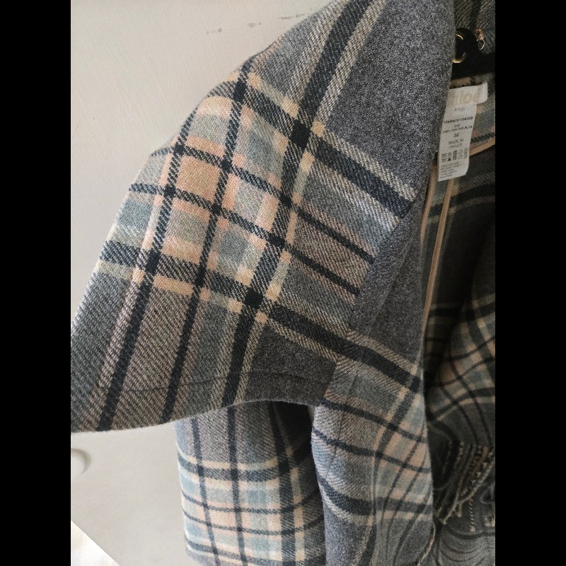 Chloe 法國製 93% 初剪羊毛流蘇格紋大衣 披風 外套-8