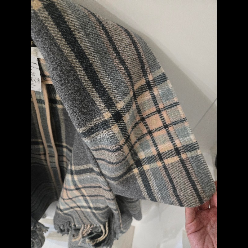 Chloe 法國製 93% 初剪羊毛流蘇格紋大衣 披風 外套-9