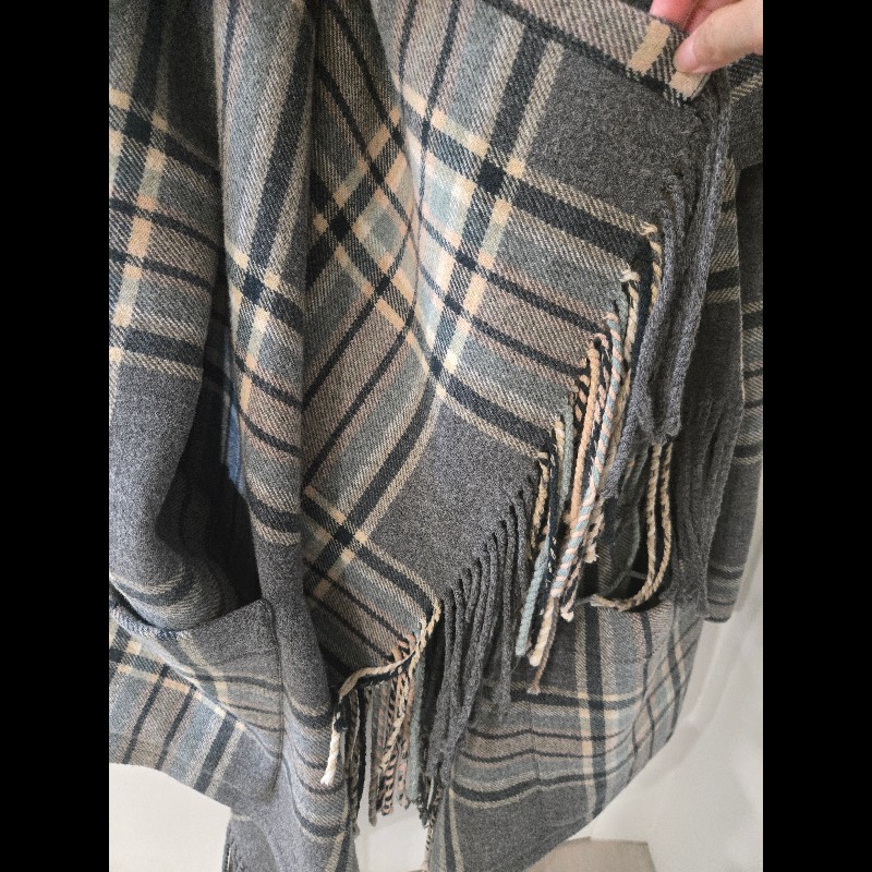 Chloe 法國製 93% 初剪羊毛流蘇格紋大衣 披風 外套-10