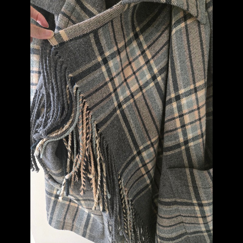 Chloe 法國製 93% 初剪羊毛流蘇格紋大衣 披風 外套-11