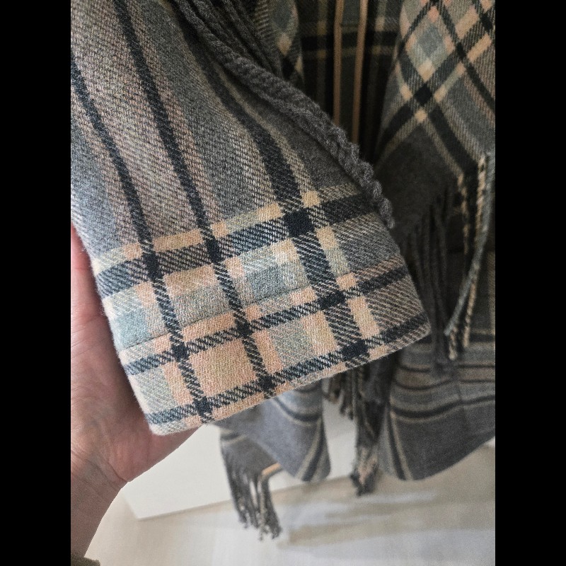 Chloe 法國製 93% 初剪羊毛流蘇格紋大衣 披風 外套-12