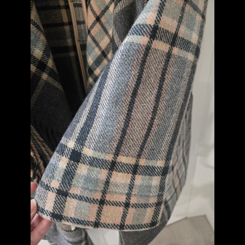 Chloe 法國製 93% 初剪羊毛流蘇格紋大衣 披風 外套-13