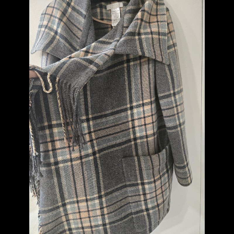 Chloe 法國製 93% 初剪羊毛流蘇格紋大衣 披風 外套-14