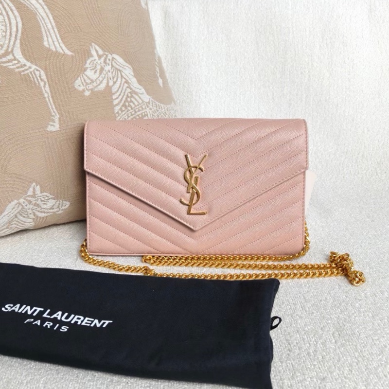 【98%新 ✨ 全網最低價！】YSL聖羅蘭信封鏈條包中號色 荔枝牛皮  粉色金扣 荔枝皮 少拉鍊頭-0