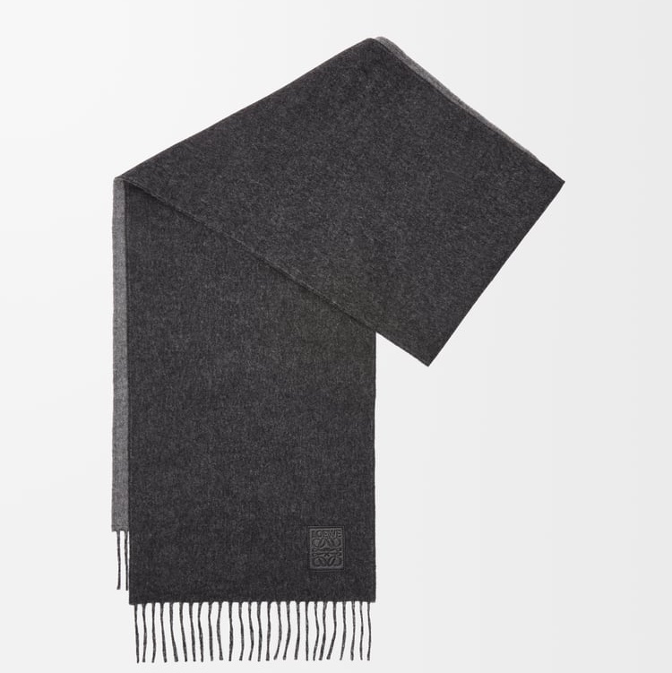Loewe 皮標 雙色雙面 羊絨圍巾 深灰/淺灰-2