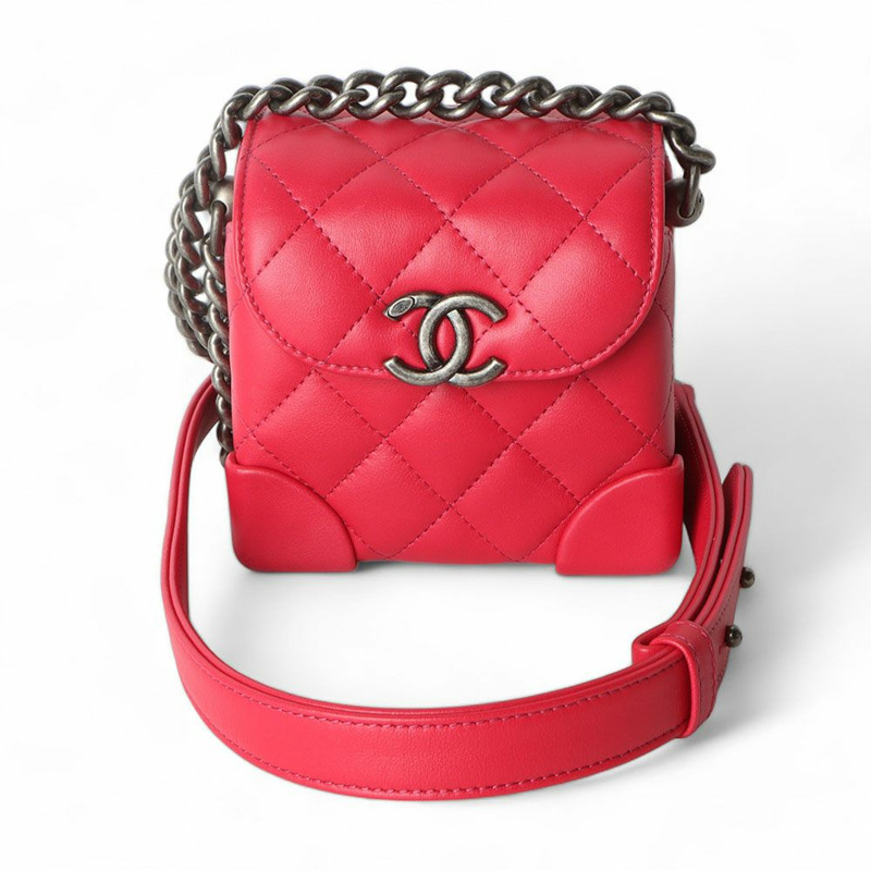 【包稅】CHANEL AS1348 羊皮紅復古銀色迷你鏈條珍妮包 32358--0