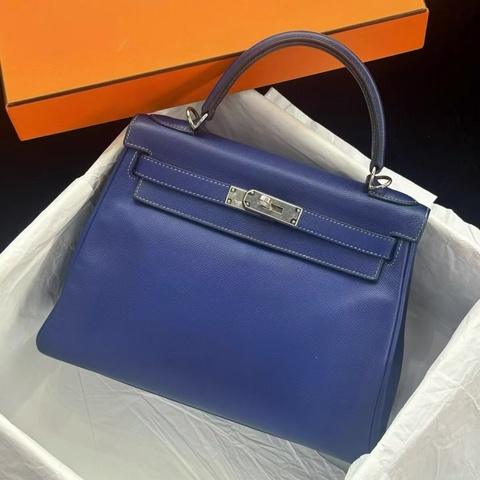 98新 Hermes kelly 28 7T电光蓝 银扣 epsom皮 Q刻 配钥匙锁 肩带