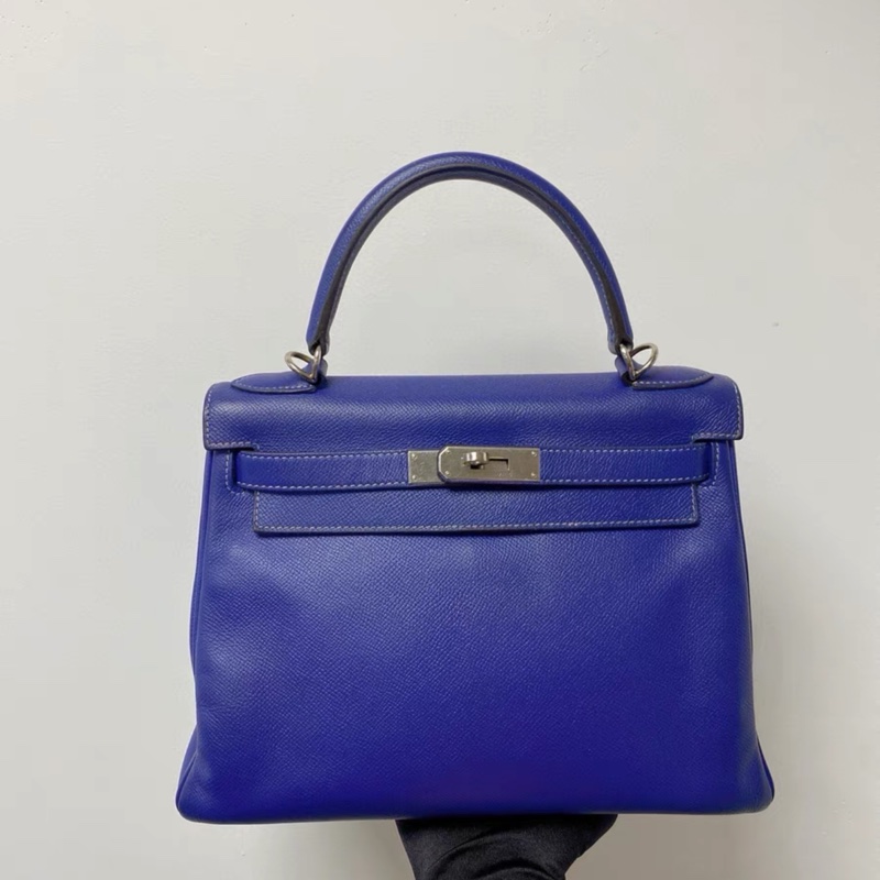 98新 Hermes kelly 28 7T电光蓝 银扣 epsom皮 Q刻 配钥匙锁 肩带-1