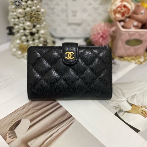 Chanel 荔枝小牛皮雙折拉鍊中夾 黑金🏅