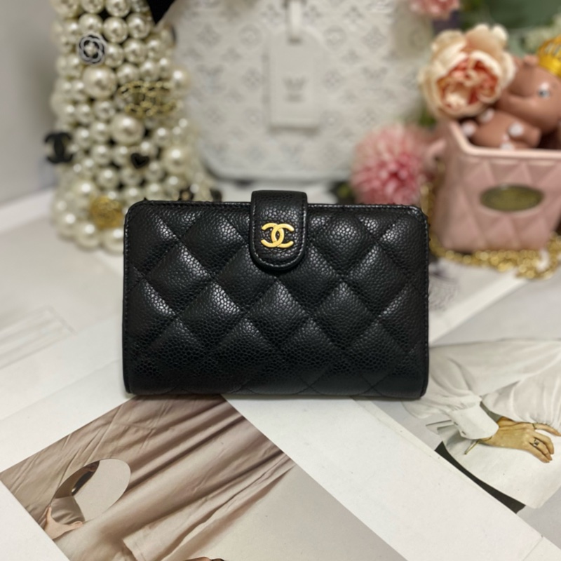 Chanel 荔枝小牛皮雙折拉鍊中夾 黑金🏅-1