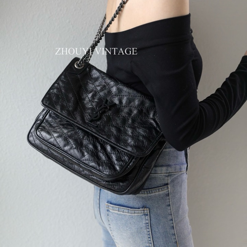 🩶聖羅蘭Niki YSL 黑色黑釦揉製牛皮復古銀鍊NIKI中號6331580-3