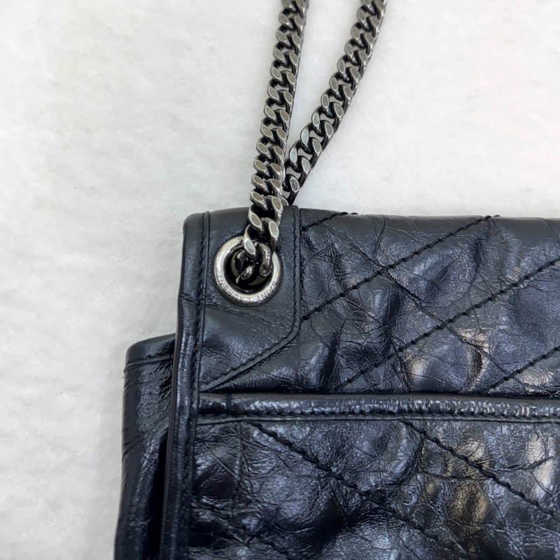 🩶聖羅蘭Niki YSL 黑色黑釦揉製牛皮復古銀鍊NIKI中號6331580-27