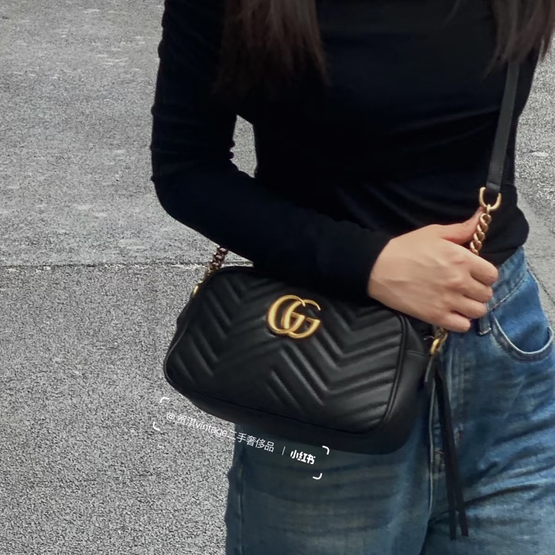 古馳marmot GUCCI黑金牛皮馬夢鏈條相機包24CM 447632-0