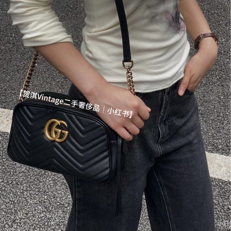 古馳marmot GUCCI黑金牛皮馬夢鏈條相機包24CM 447632-3
