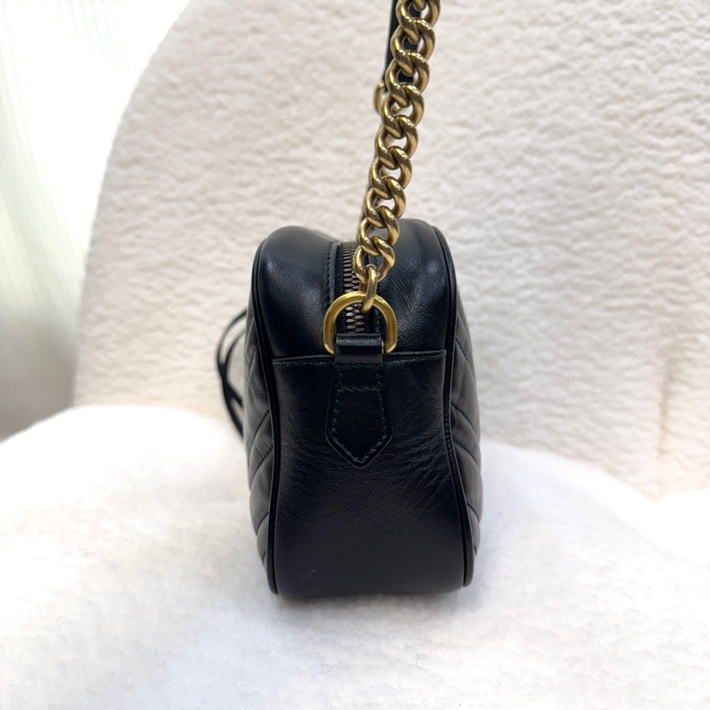 古馳marmot GUCCI黑金牛皮馬夢鏈條相機包24CM 447632-7