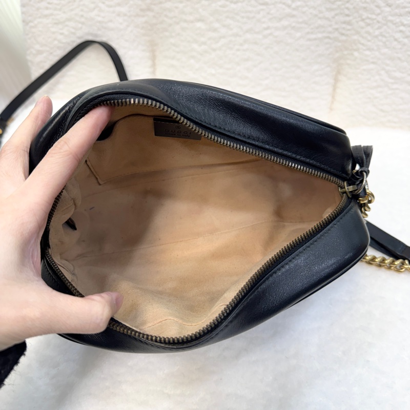 古馳marmot GUCCI黑金牛皮馬夢鏈條相機包24CM 447632-9