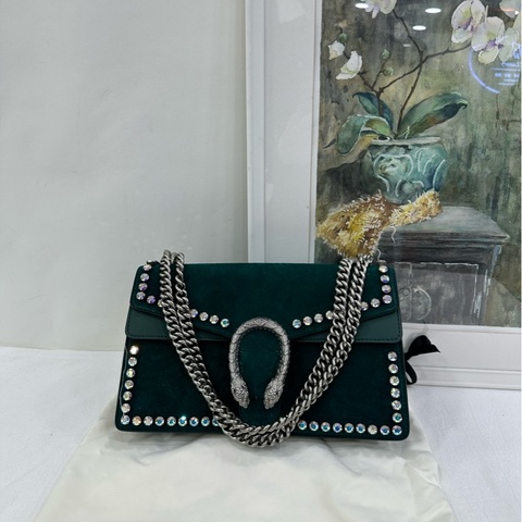GUCCI 綠色麂皮水鑽中型酒神包 施華洛世奇水鑽 拼麂皮 99新近閒置 尺寸28*17
