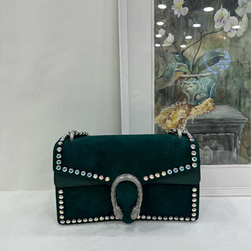 GUCCI 綠色麂皮水鑽中型酒神包 施華洛世奇水鑽 拼麂皮 99新近閒置 尺寸28*17-1