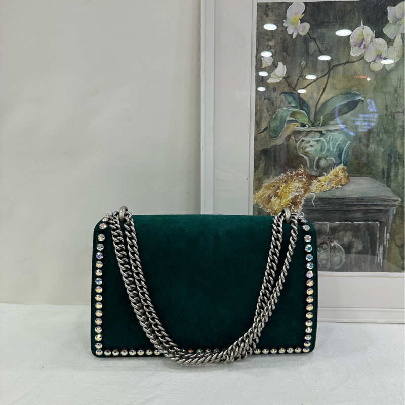 GUCCI 綠色麂皮水鑽中型酒神包 施華洛世奇水鑽 拼麂皮 99新近閒置 尺寸28*17-2