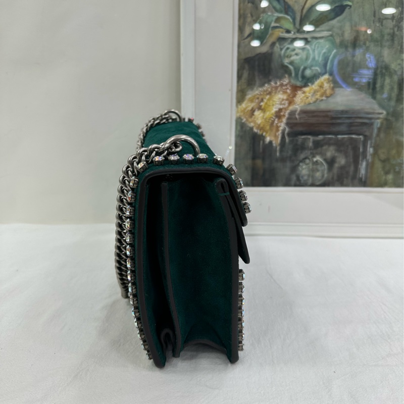 GUCCI 綠色麂皮水鑽中型酒神包 施華洛世奇水鑽 拼麂皮 99新近閒置 尺寸28*17-3