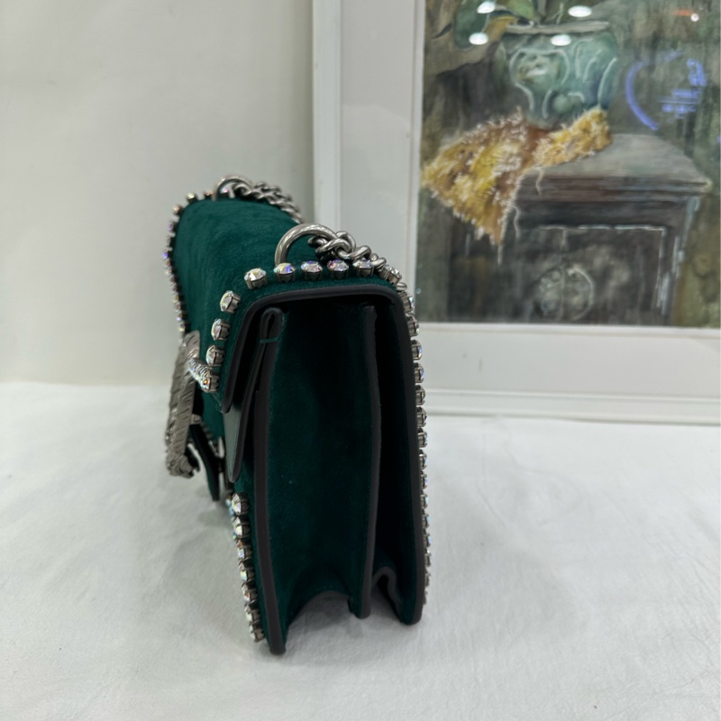 GUCCI 綠色麂皮水鑽中型酒神包 施華洛世奇水鑽 拼麂皮 99新近閒置 尺寸28*17-4