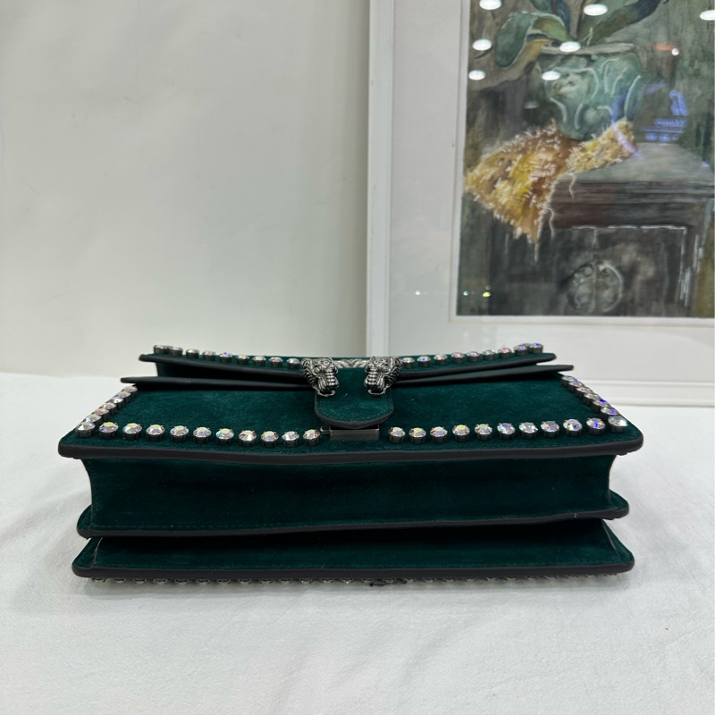 GUCCI 綠色麂皮水鑽中型酒神包 施華洛世奇水鑽 拼麂皮 99新近閒置 尺寸28*17-5