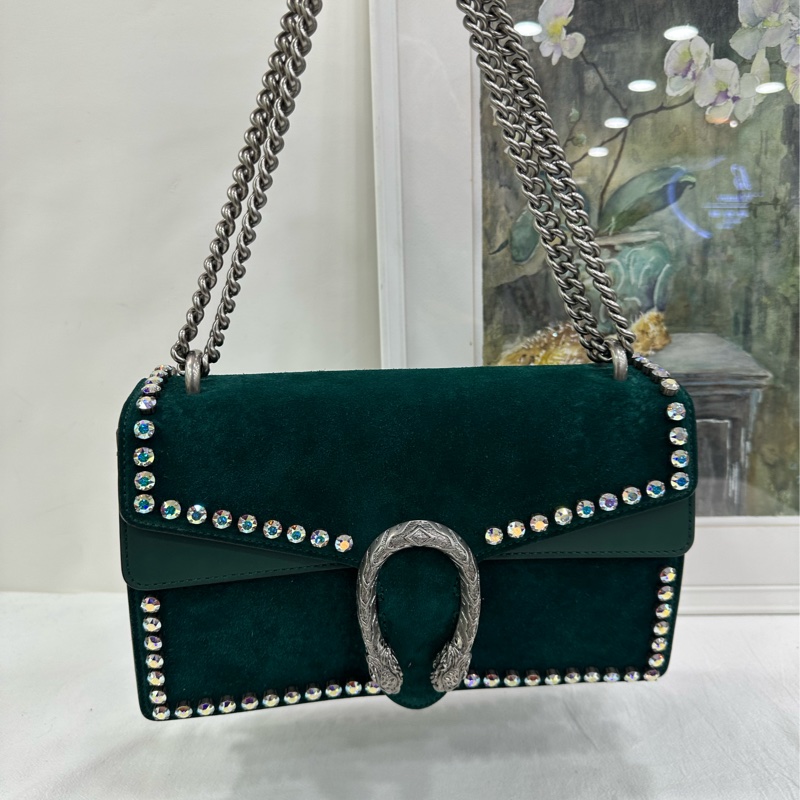 GUCCI 綠色麂皮水鑽中型酒神包 施華洛世奇水鑽 拼麂皮 99新近閒置 尺寸28*17-6