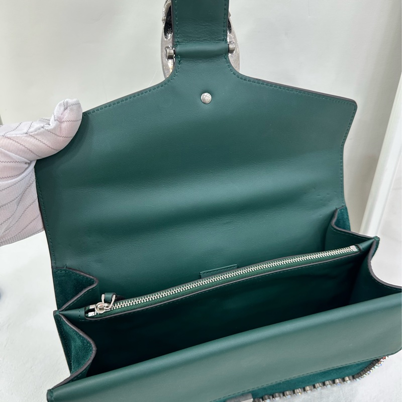 GUCCI 綠色麂皮水鑽中型酒神包 施華洛世奇水鑽 拼麂皮 99新近閒置 尺寸28*17-7