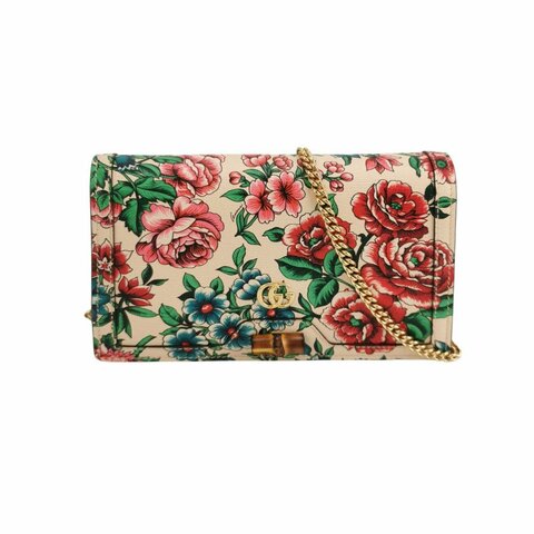 Gucci Diana系列牛皮花卉印花竹節扣金屬雙Glogo斜挎包