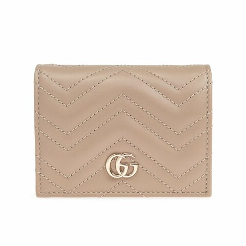 【GUCCI 古馳】GG Marmont 經典金屬雙G 卡夾 皮夾 短夾 零錢包 裸色 杏色 466492