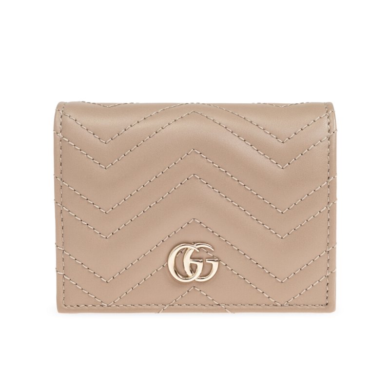 【GUCCI 古馳】GG Marmont 經典金屬雙G 卡夾 皮夾 短夾 零錢包 裸色 杏色 466492-0
