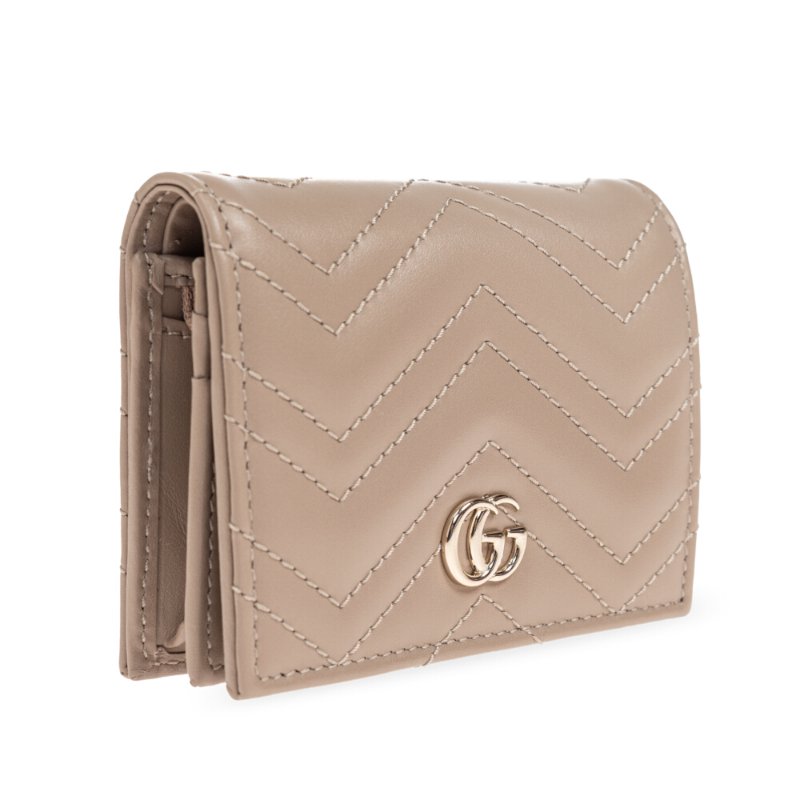 【GUCCI 古馳】GG Marmont 經典金屬雙G 卡夾 皮夾 短夾 零錢包 裸色 杏色 466492-1