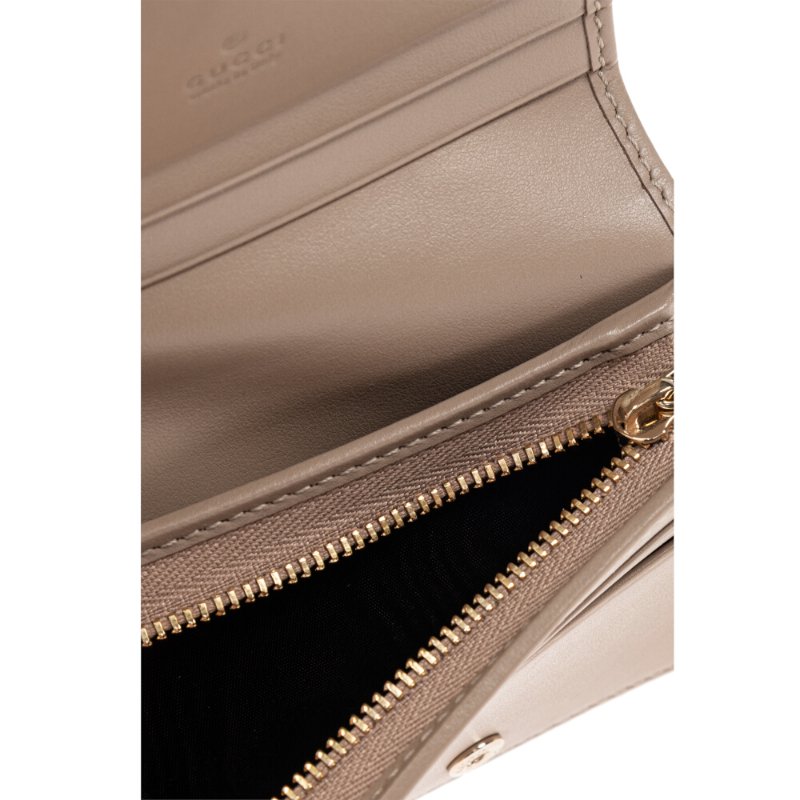 【GUCCI 古馳】GG Marmont 經典金屬雙G 卡夾 皮夾 短夾 零錢包 裸色 杏色 466492-3