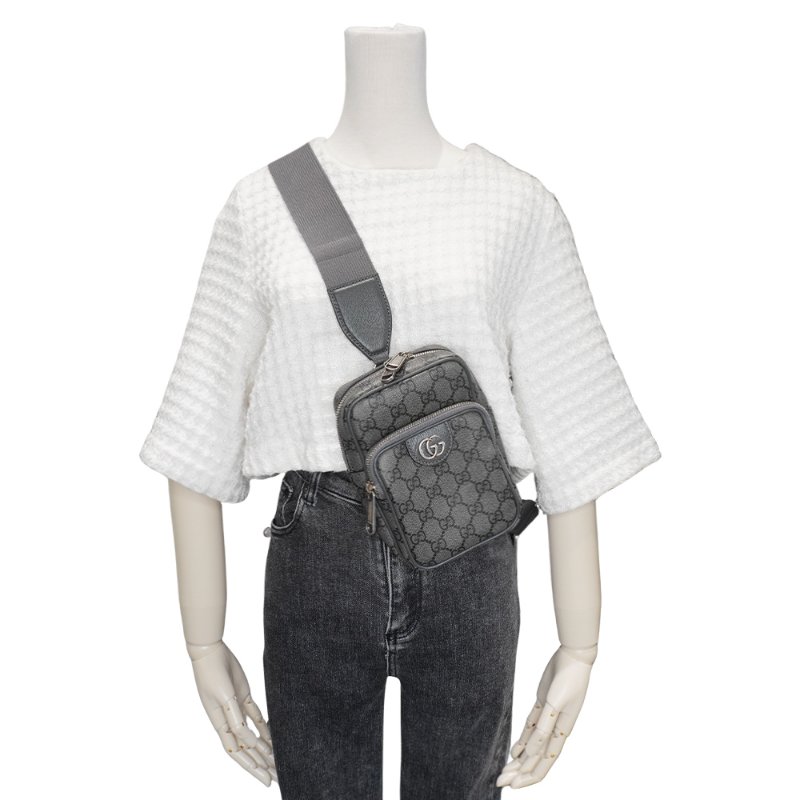 Gucci 展示品 Ophidia GG 直式雙拉鍊斜背包(752565-灰)-5