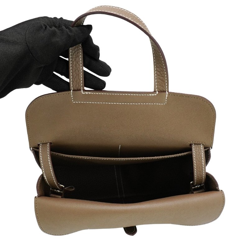 Hermes Halzan 25 TC牛皮銀釦手提/斜背兩用包(Etoupe大象灰)-4