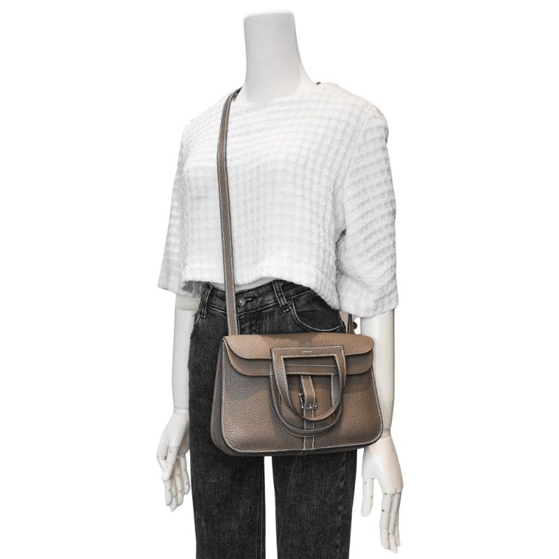 Hermes Halzan 25 TC牛皮銀釦手提/斜背兩用包(Etoupe大象灰)-5