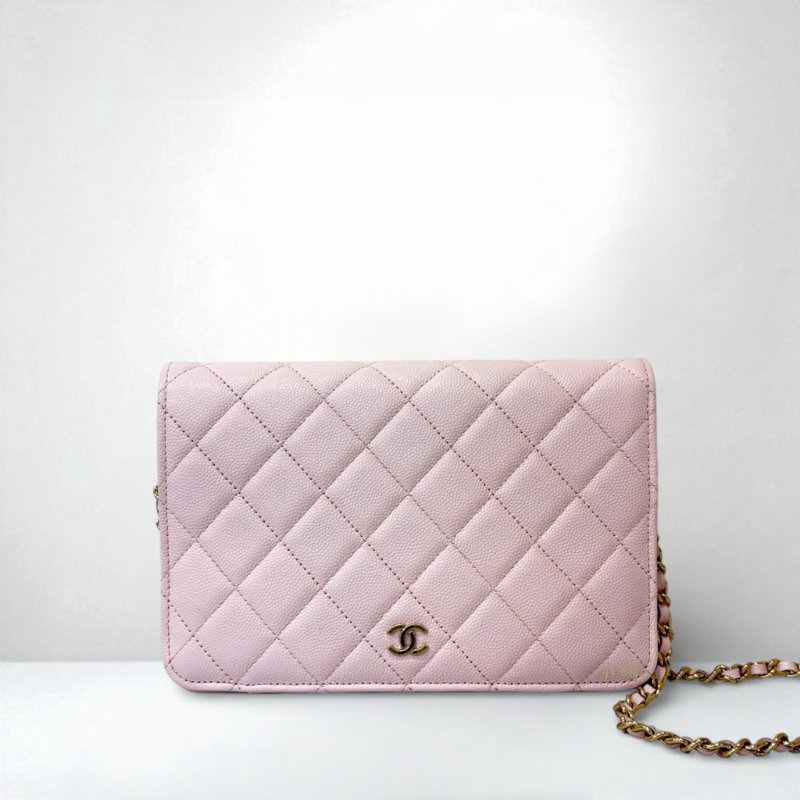 CHANEL包包 淡粉色荔枝皮金釦鏈帶翻蓋練包AP2595-0
