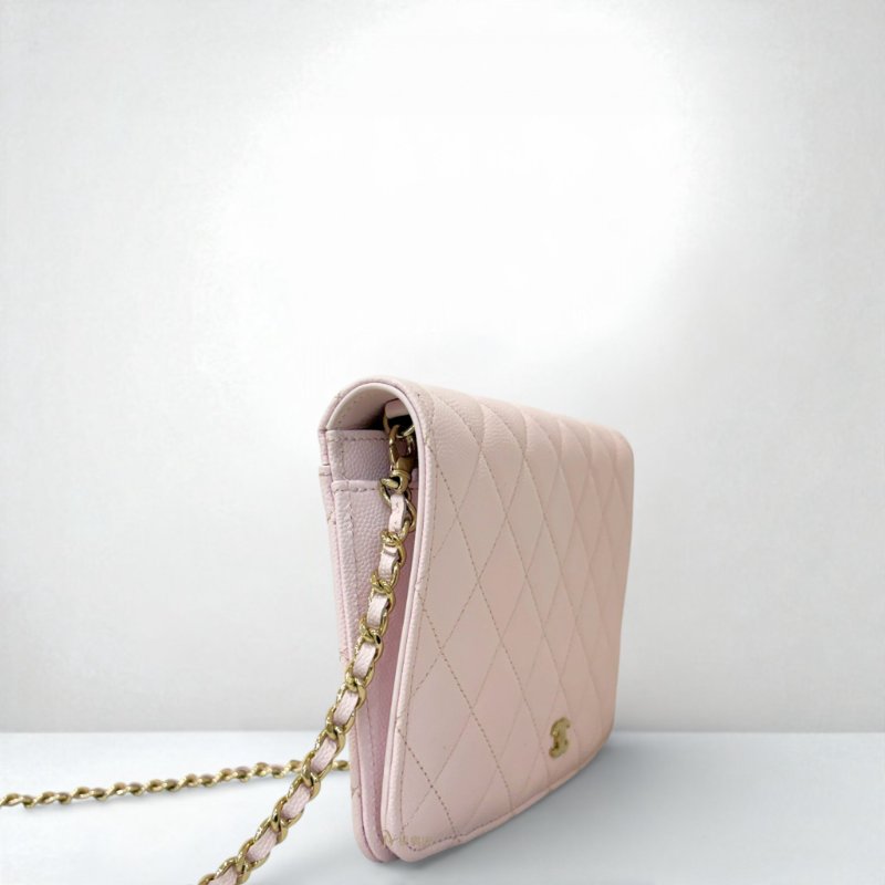 CHANEL包包 淡粉色荔枝皮金釦鏈帶翻蓋練包AP2595-2